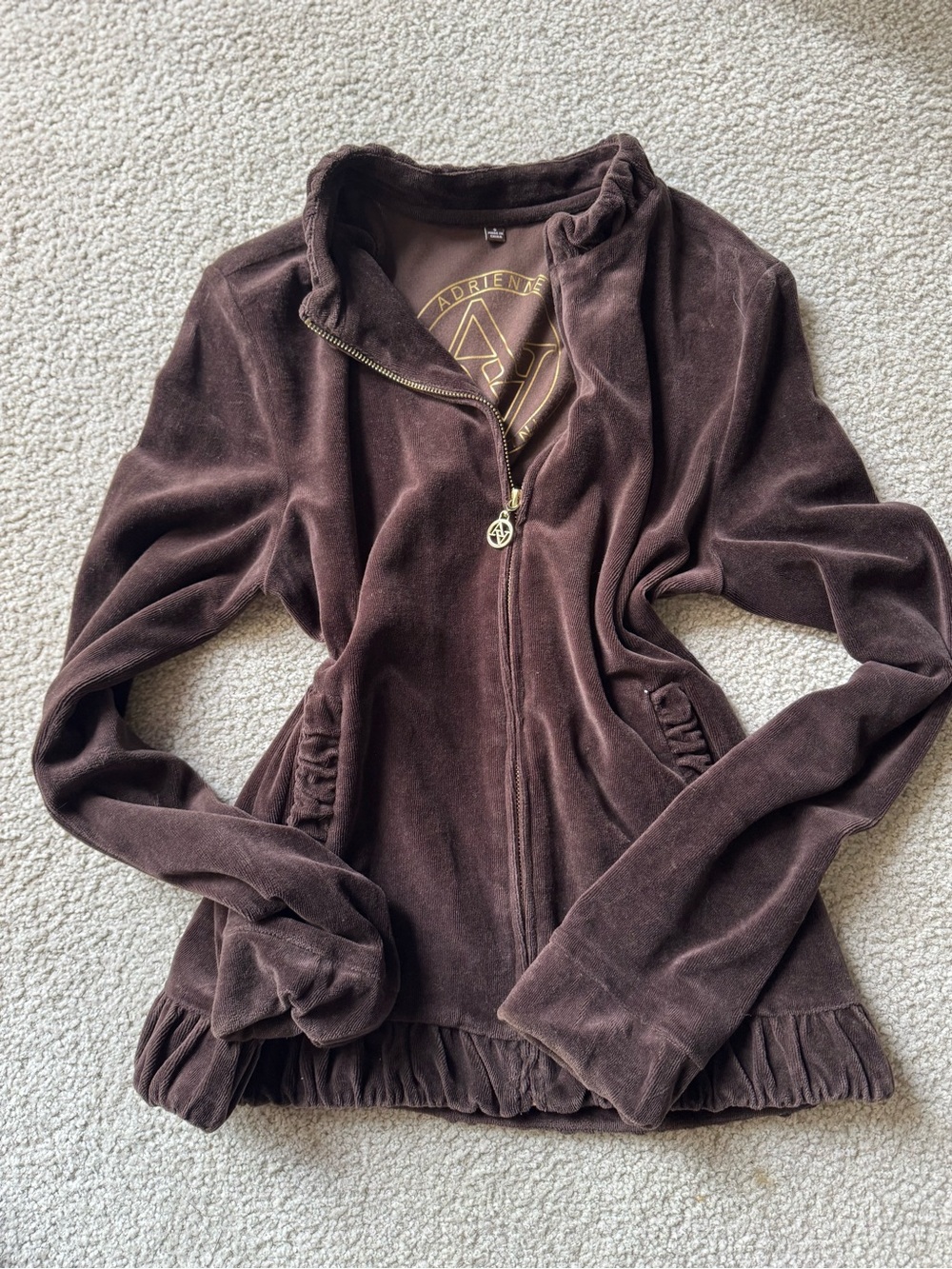 Adrienne Brown Velour Zip-Up Jacket with Ruffle Hem soft y2k sexy